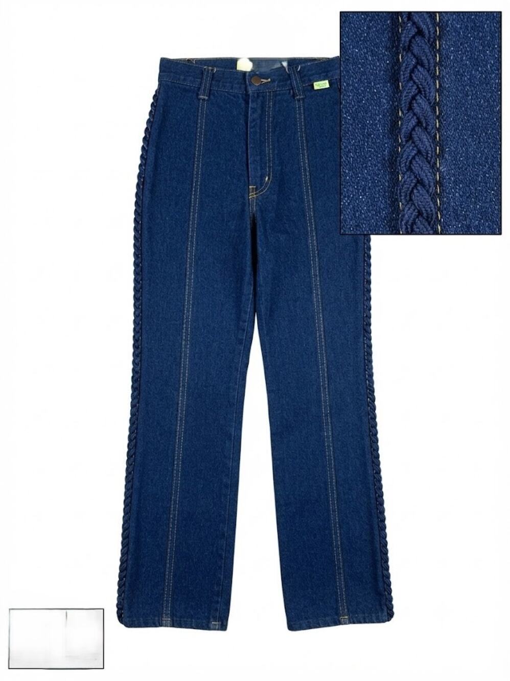 Vtg 70s Turtle Bax Braided Straight Jeans High Waist 11/12 Contrast Stitch Trim